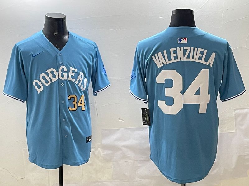 Men Los Angeles Dodgers #34 Valenzuela Light Blue Joint Name 2025 Nike MLB Jersey style 3169